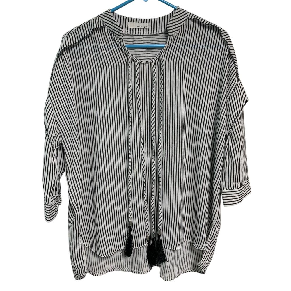 Masaya Women’s Black and White Striped Tunic Loose Blouse Tassels Size L/XL